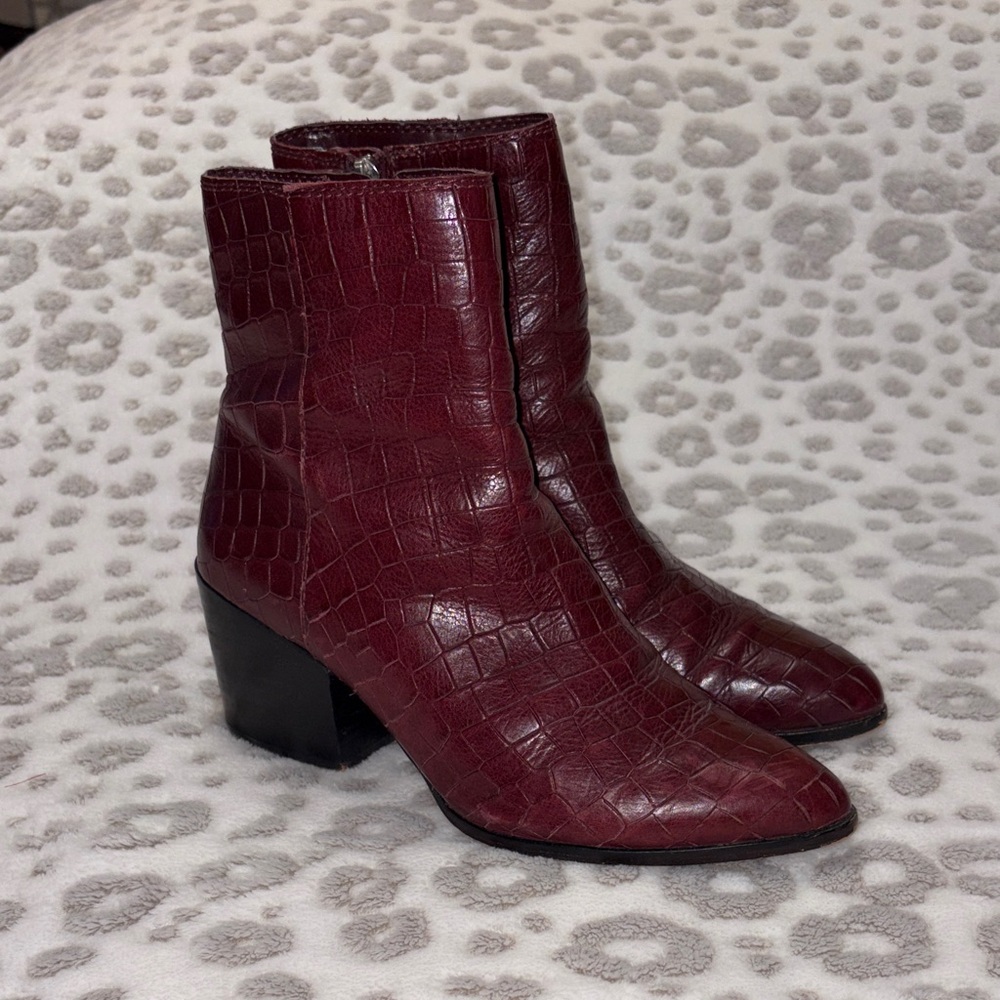1. State Burgundy Croc-Pattern Ankle Booties